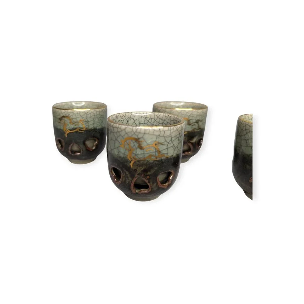 Japanese Somayaki Double Wall Saki Set Obori Soma-yaki Pottery Gold Horse Motif